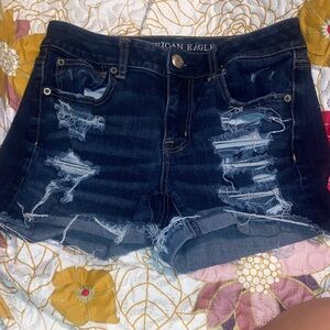 American Eagle Outfitters Women's Ripped Jean Shorts - Dark Blue